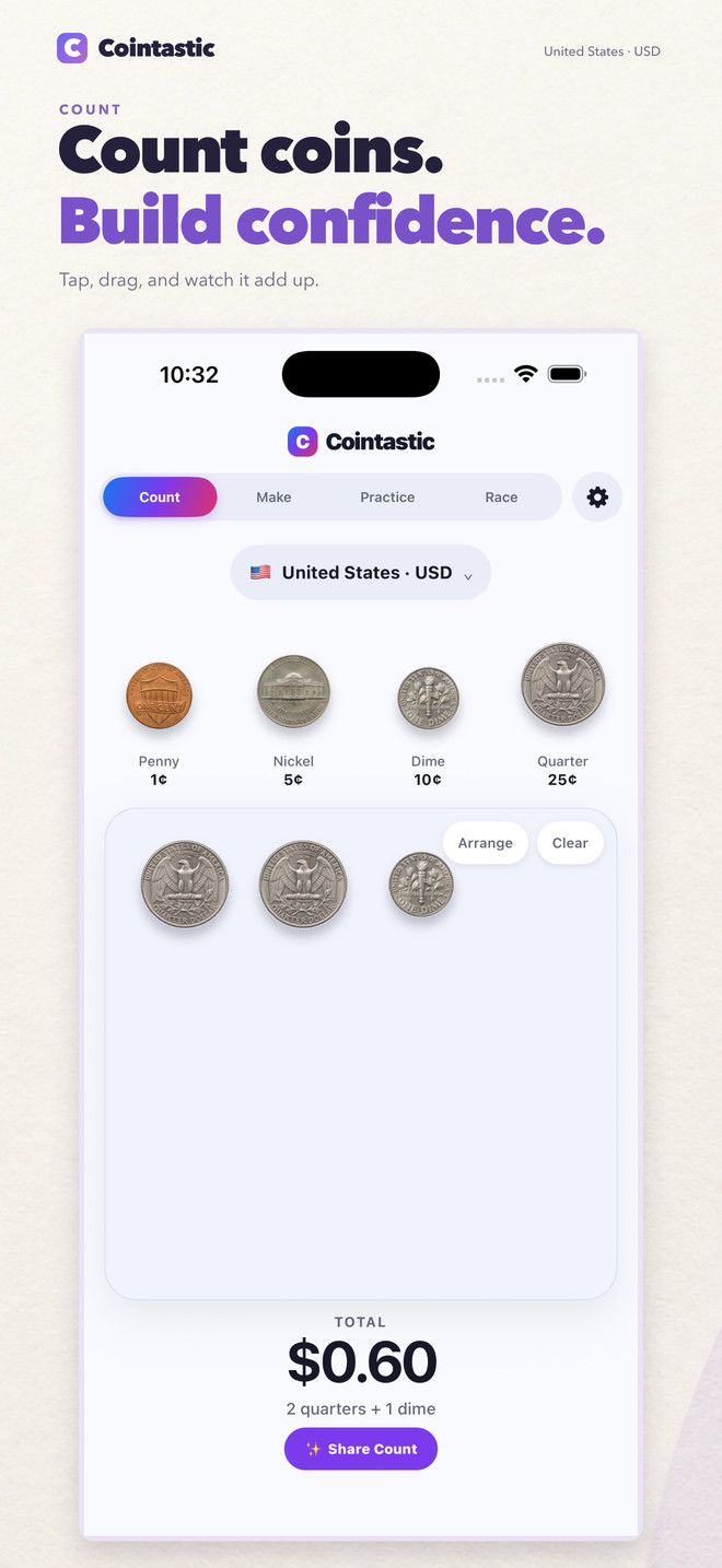 Count with a live total in Cointastic for iPhone