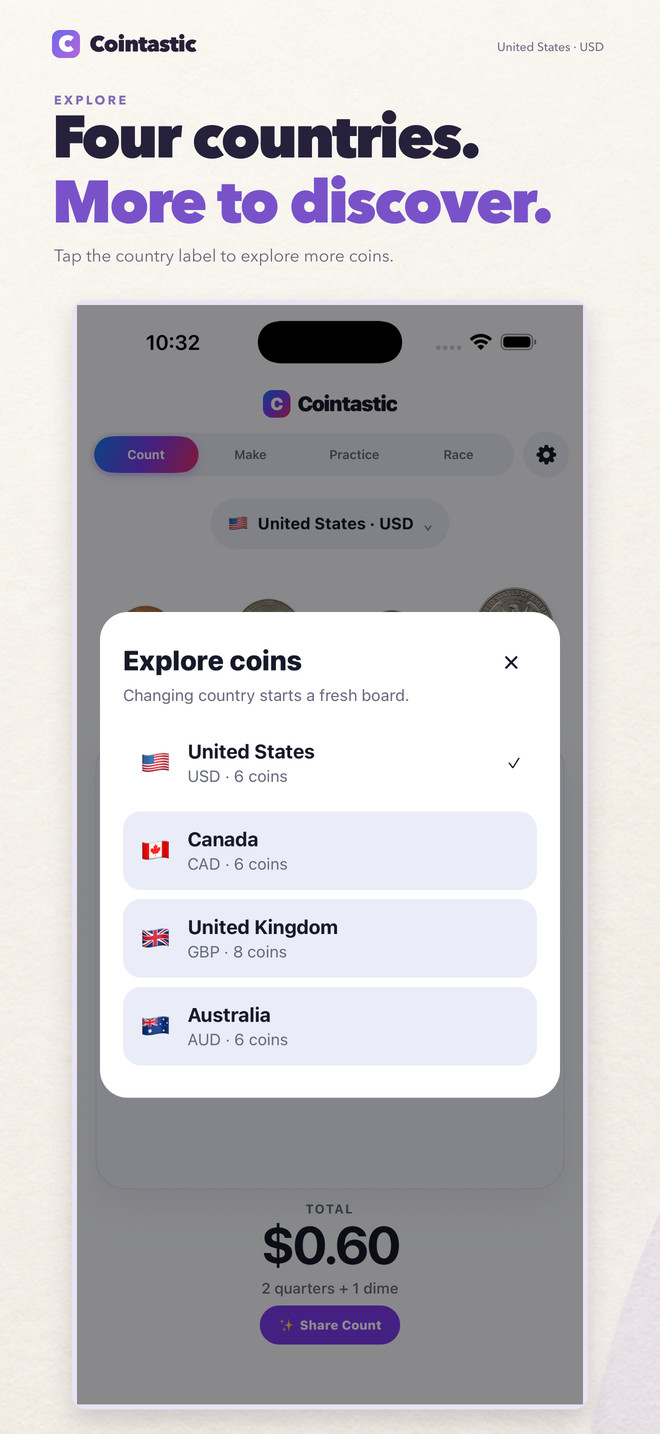 Switch regional coins in Cointastic for iPhone
