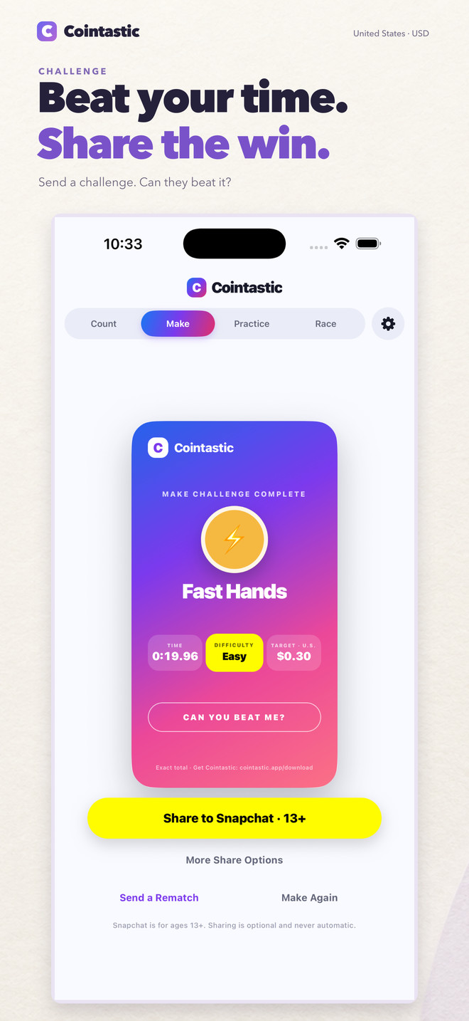 Race and share in Cointastic for iPhone